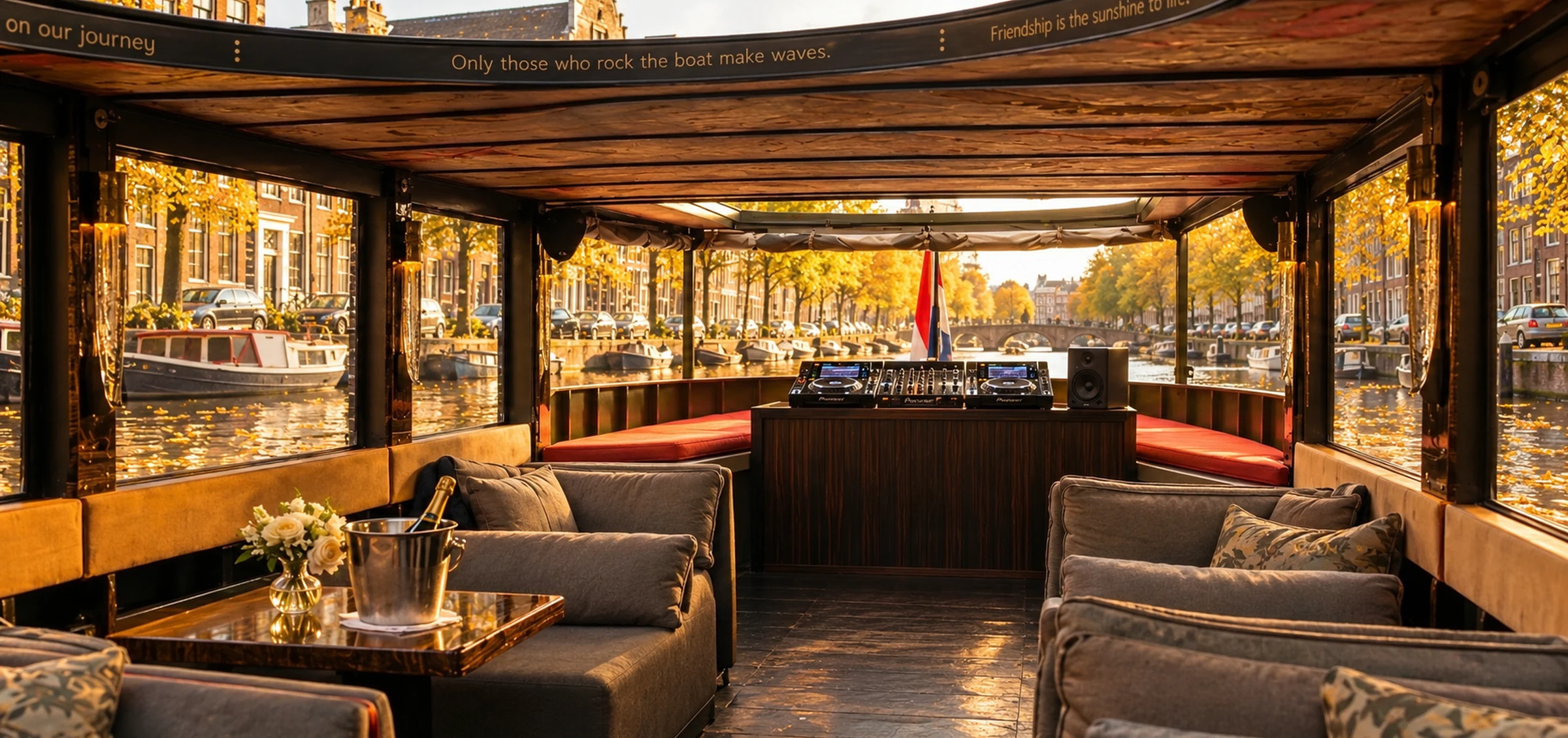 Artist impression of the boat prepared for the session: an open center aisle, Pioneer DJ decks on a wooden booth, and golden autumn canals beyond.